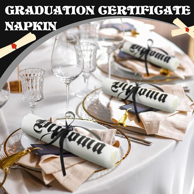 100 Set Graduation Diploma Guest Napkins Red Black and White Rolled Silverware Disposable Grad Award Dinner Napkin with Ribbon and Scissors for Celebration(diploma, Black, 100 Pcs)