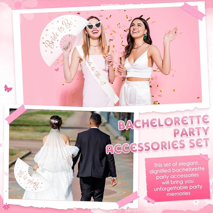 JaGely 4 Pcs Bachelorette Party Decoration Includes Bride to Be Sash and Veil, Glitter Bride Fan and Heart Shaped Sunglasses for Bridal Shower Decorations Bachelorette Party Accessories Favors