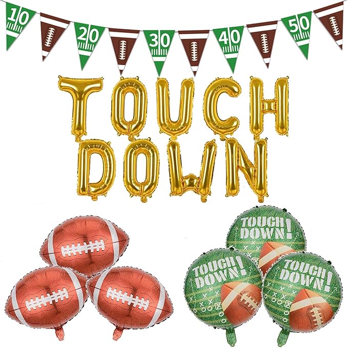 Football Balloons Gold Touchdown Letter Balloons Round Touchdown Balloons and Banner for Football Birthday Party Decoration Game Day Tailgate Party Decorations Theme Supplies Balloon Sets-16 PCS