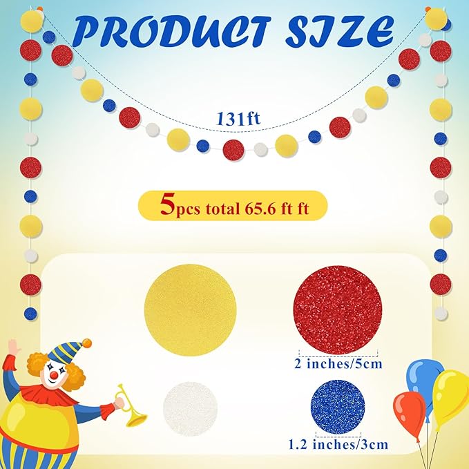 Outus 5 Pieces Colorful Dots Paper Garland Easter Decor Round Glitter Hanging Confetti Streamers Backdrop for Spring Birthday Classroom Halloween Trunk or Treat Car Decoration (Red,Blue,Yellow)