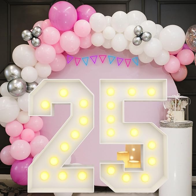 4ft Light Up Numbers 25 Number with Lights Bulbs White Marquee Frame Slots-in for 25th Birthday Party Decorations Pre-Cut Mosaic Cardboard Large Cut-Out Thick Foam Board 25 Sign Graduation New Year
