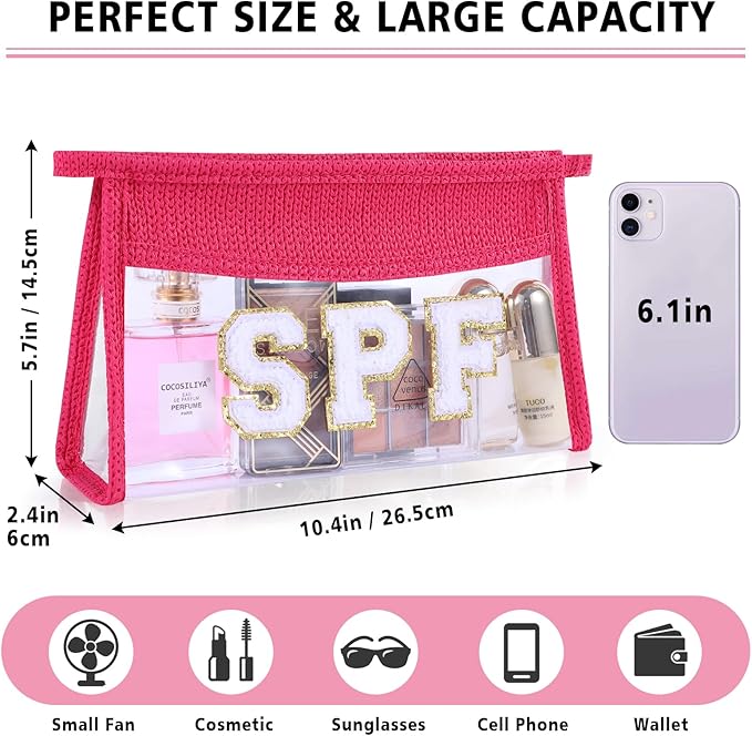SPF Sunscreen Bag Clear Makeup Bag Chenille Letter SPF Cosmetic Zipper Pouch Summer Beach Essential Cute Toiletry Pouch Travel Accessories Gifts for Women