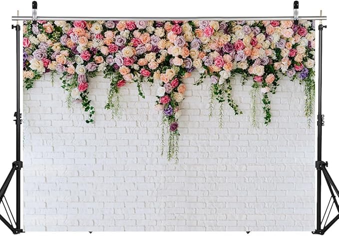 8X6FT White Brick with Flowers Backdrop Occasions Mother's Day Wedding Bridal Shower Birthday Party Banner Background Supplies DH-357