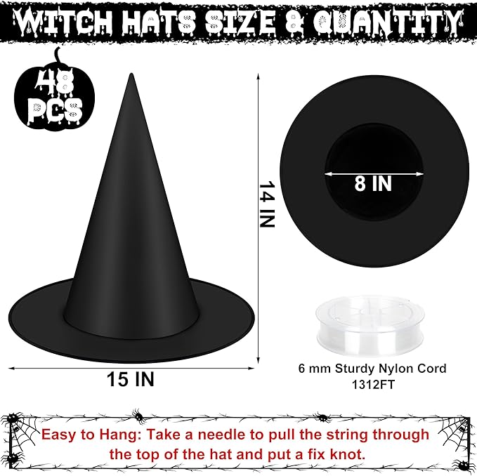 48 PCS Halloween Witches Hat, Black Witch Hat Hanging Halloween Decorations Floating Witches Hats Witch Costume Accessories Wizard Hats with 1312 FT Nylon Cord Indoor Outdoor Home Yard Decorations