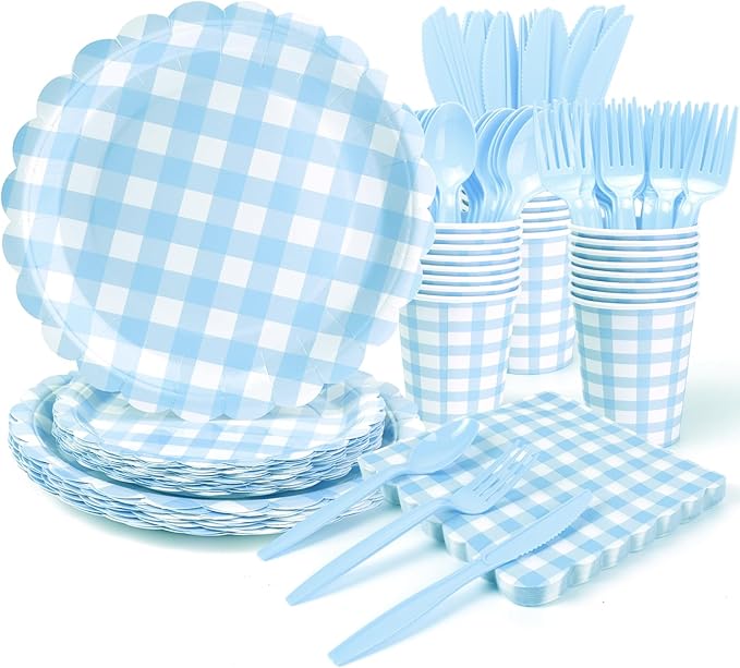 168PCS Party Plates, Blue Scalloped Gingham Paper Plates and Cups and Napkins Sets Party Supplies for Birthday Wedding Bridal Shower Baby Shower Picnic, Serve for 24 Guests, Blue