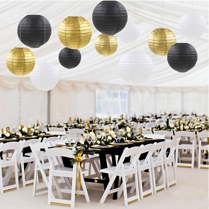 12 Pcs Black Gold White Paper Lanterns Black Gold Hanging Paper Lanterns for New Year Wedding Graduation Anniversary Birthday Party Home Graden Decor