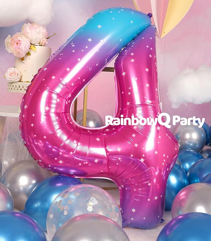 4 Balloon Number 40 Inch for Boy or Girl Big Starry 0-9 Foil Mylar Large 4 Number Balloon Happy 4th Birthday Party Anniversary Decorations Supplies