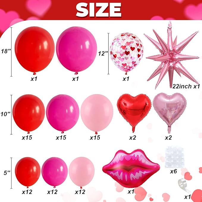 Pink and Red Valentines Balloons Garland Arch Kit, Valentine Red Heart Balloons Lips Balloon for Women Girls Galentines Day Anniversary Birthday Bridal Shower Romantic Valentine Day Decorations