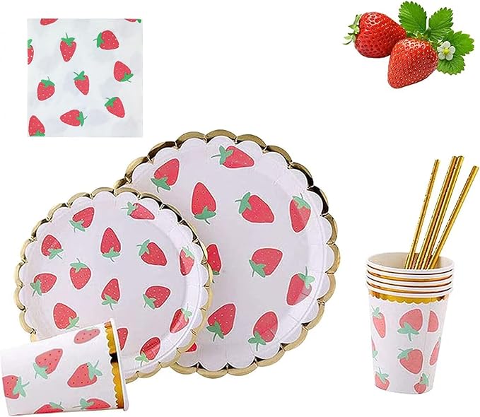 MaitianGuyou Strawberry Theme Party Tableware Set,Baby Shower Dinnerware Decoration Supplies Including Plates,Napkins,Cups and Straws for Fruit Party,Wedding,Birthday - Serve 20 Guests