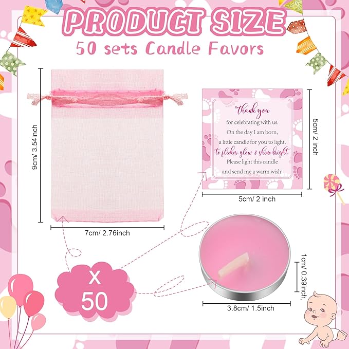 50 Sets Baby Shower Party Favors Including 50 Pcs Unscented Tealight Baby Shower Candles Gift Bags Cards for Gender Reveal Party Supplies(Pink)