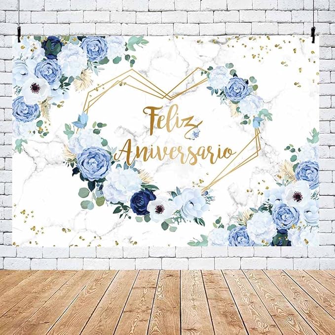 MEHOFOND 8x6ft Feliz Aniversario Backdrop Blue White Floral Wedding Anniversary Photography Background Hearts Geometric Couple Wedding Women Birthday Party Cake Smash Decor Studio Photo Props