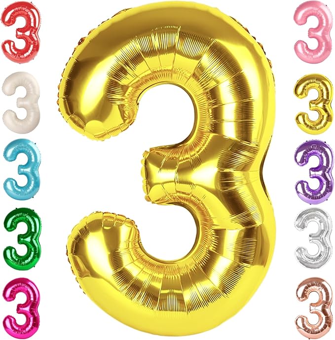 Numbers Balloon 3, 40 Inch Large Gold Balloon for Three Year Old Birthday Decor, 3 13 30 31 Birthday Party Decorations for Wedding Supplies