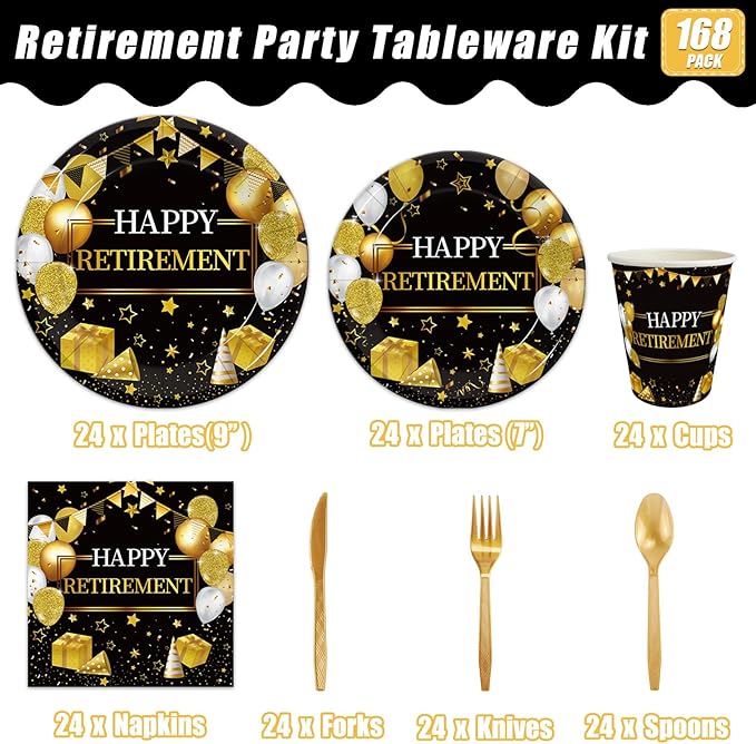 168 Pcs Retirement Party Supplies, Black Gold Happy Retirement Party Decorations for Women Retired Paper Plates Napkins Cups, Plastic Forks Knives Spoons for Going Away Decorations