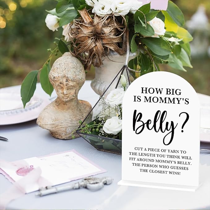 Baby in Bloom Shower Decorations, Baby Shower Sign, Newborn Gifts, Belly Game Signs, Modern Calligraphy Arched Acrylic Table Top Signs With Stand for Gender Reveal Party Decoration (White)