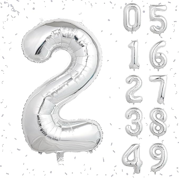 16 In Silver Large Numbers Balloons 0-9, Self Inflating Number 2 Balloons for Boys Girls, Big Silver Digit 2 Balloons for Women Men Birthday Party Anniversary Wedding Supplies Decorations