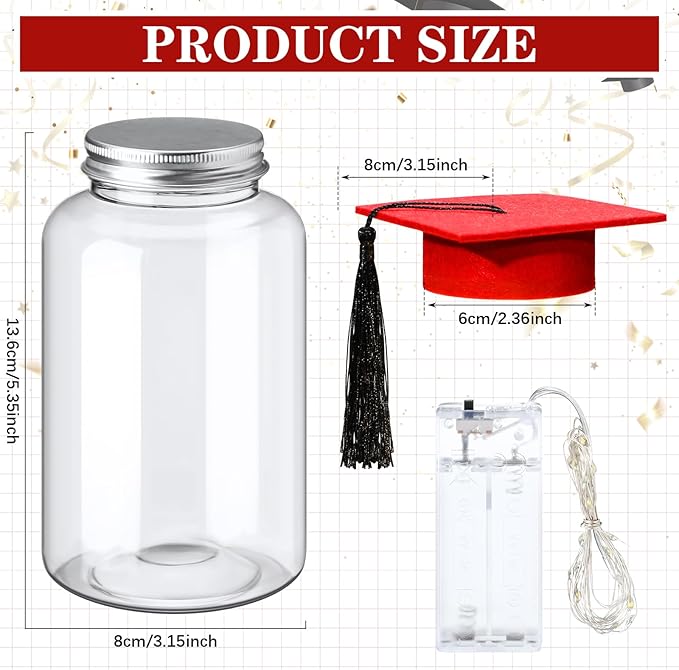 Boao 16 Sets Graduation Table Decoration Set with LED Light up Graduation Decorations for Class of 2026, Grad Jar, Felt Grad Hat and Stickers for High School College(Red,Vivid)