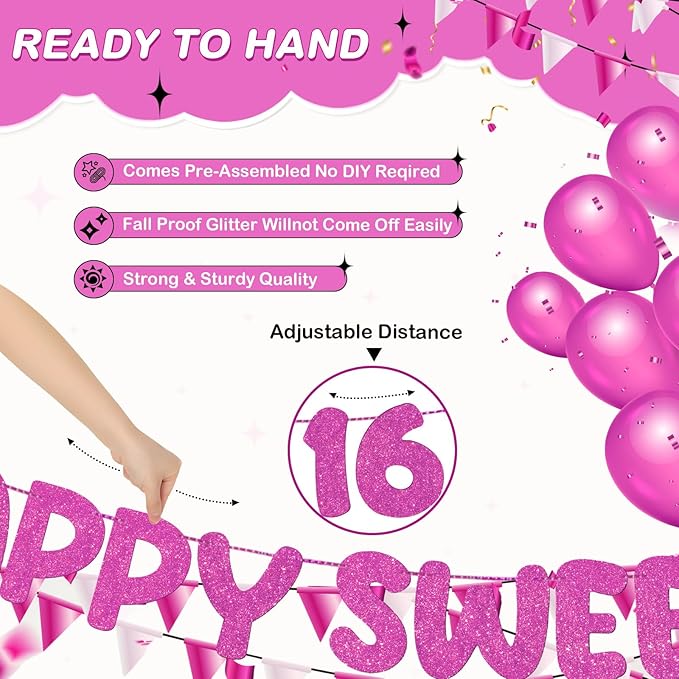 Fulmoon Pre Strung Happy Sweet 16 Banner Glitter Sixteenth Birthday Party Decorations 16th Party Sign Sweet 16 Party Decorations for Birthday Party Bachelorette Party(Hot Pink)