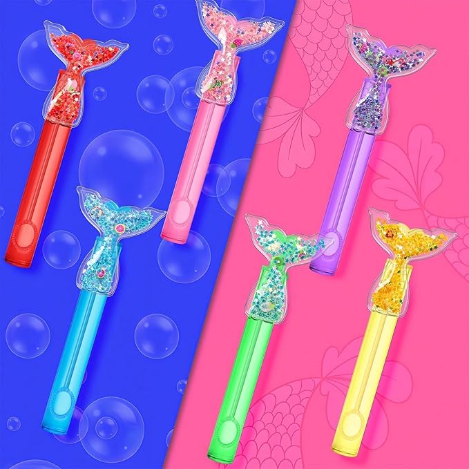 AFZMON 24Pcs Mermaid Party Favors Bubble Wands for Kids, Glitter Mermaid Tail Mini Bubbles Birthday Gift Toy Goodie Bag Stuffers Classroom Prizes Wedding Party Supplies Decorations