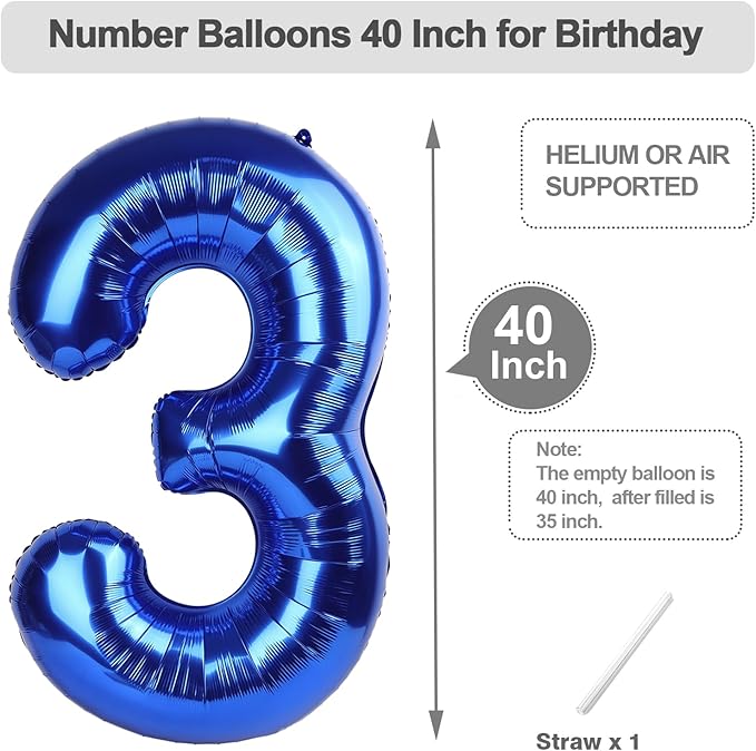 Number Balloons 40 Inch 3 Balloons for Birthday Party Decoration, Blue Number 3 Ballon for 3, 13, 23, 30 Celebration, Boy and Girl Birthday, Christmas, Anniversary Decor