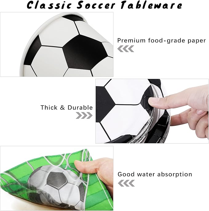 durony 144 Pieces Soccer Paper Plates and Napkins Dinnerware Set Soccer Birthday Party Tableware Supplies Includes Paper Plates Napkins Forks Serve 24 for Sports Party Supplies