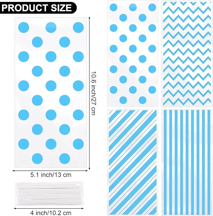 Aodaer 100 Pieces 10.6 x 5.1 In Blue Cellophane Bags Plastic Candy Bags Cellophane Treat Bag Polka Dot Stripes Printed Pattern Goodie Gift Bag with Twist Ties for Birthday, Baby Showers, Weddings Party Supplies