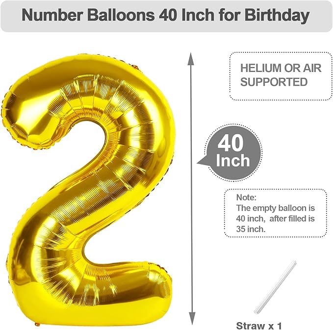 40 Inch 2 Birthday Balloons, Gold Two Number Balloons for Birthday Party Decoration, Foil Number Ballon for 2, 12, 20, 22, 2026 Celebration, Graduation, Baby Shower, Anniversary Decor