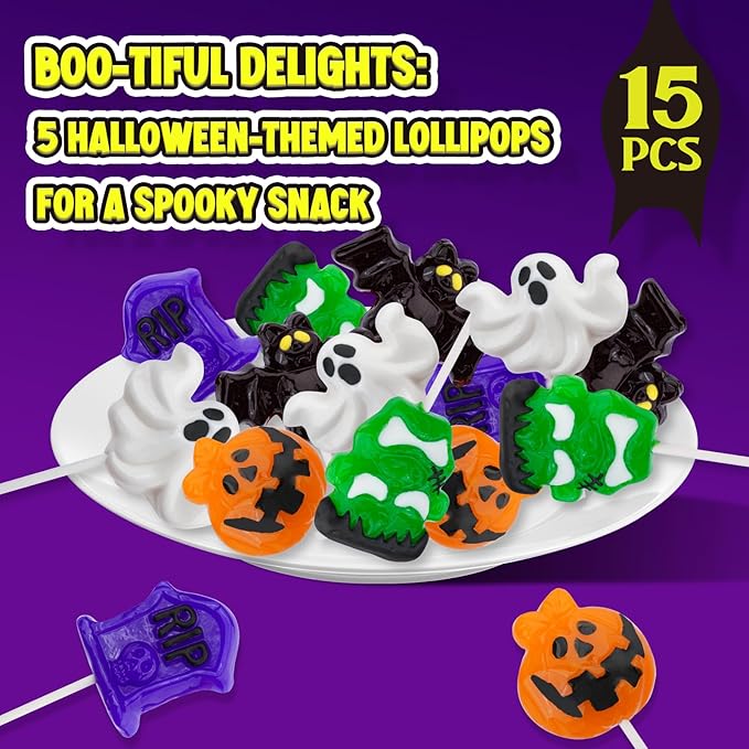 Amos Halloween Candy Lollipops, 15ct Individually Wrapped Monster Variety Suckers – Fun Trick-or-Treat Goodie Bag & Party Favor Candy