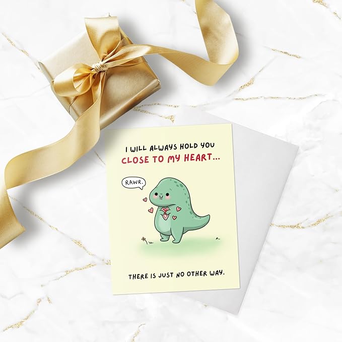 ALY LOU Funny Anniversary & Birthday Card – Punny Greeting Card Blank Inside, Cute & Perfect for Couples, Him, Her, Husband, Wife, Girlfriend, Boyfriend (Close To My Heart - T-Rex)