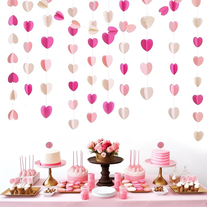 GCQQ Valentines Decorations - 3D Hot Pink Valentine's Day Decoration Paper Garland 39Ft Bridal Shower Decorations Hanging Heart Streamers for Mothers Day Galentines Day Wedding Birthday Party Decor