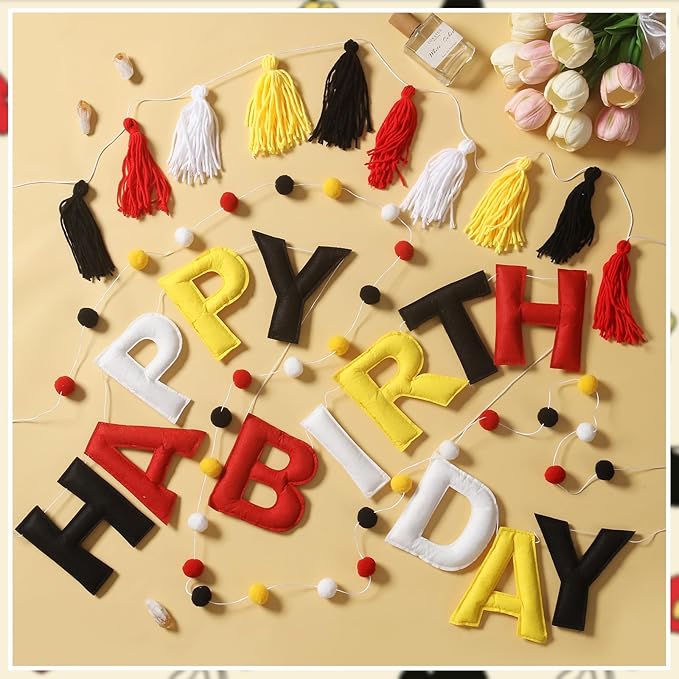 Pre-Strung Happy Birthday Banner Red and Black Party Decorations Felt Ball Garland Sign for Cartoon Mouse Birthday Party Décor