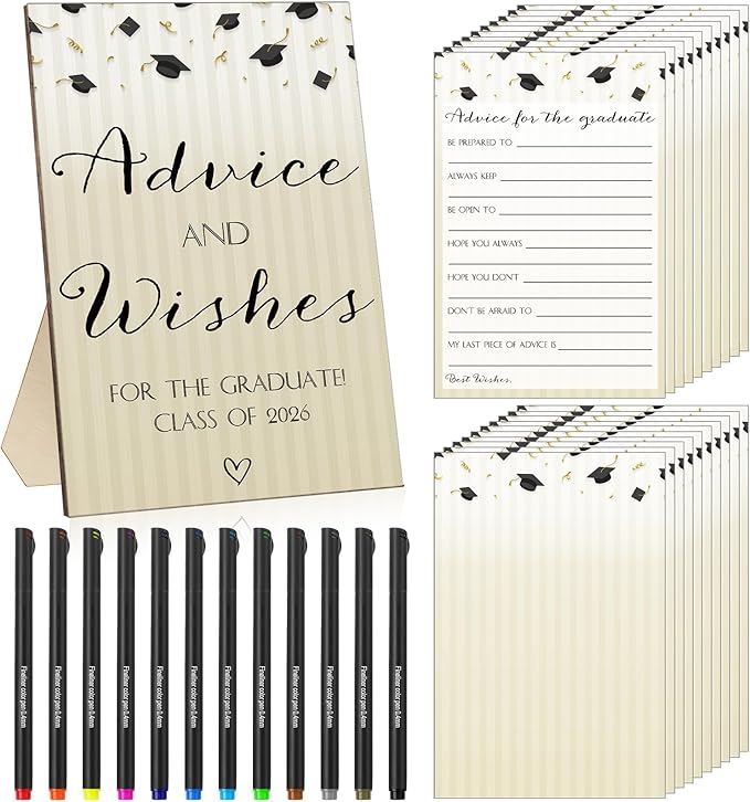 113 Pcs Class of 2026 Graduation Party Favors Include 1 Advice and Wishes Wooden Sign 100 Graduation Advice Cards with 12 Fineliner Ink Pens for The Graduate Class of 2026(Classic Color)
