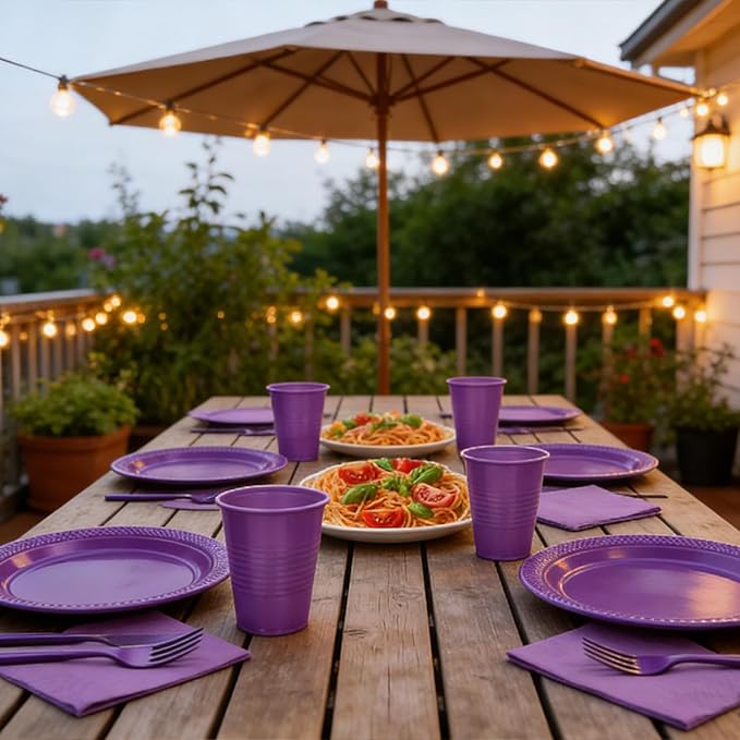 200pcs Purple Plastic Plates Party Supplies, Disposable Purple Party Plates, 50 of Each 9" Dinner Plate, Napkins, Cups & Cutlery Dinnerware Party Decorations for Graduations, Birthday, Wedding