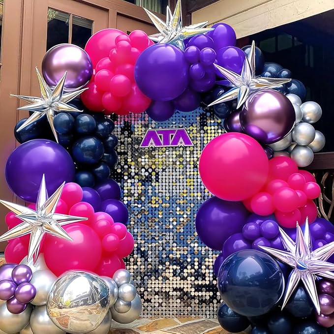 Hot Pink Purple Dark Blue Baloon Garland Arch Kit with 4D Star Foil Balloon Silver, 155Pcs Latex Balloons Different Sizes 18 12 10 5 inch for Graduation Birthday Wedding