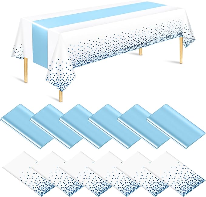 12 Pack Tablecloth and Table Runner Set Party Decorations, White and Blue Plastic Disposable Tablecloth and Satin Table Runner for Wedding Birthday Party (Blue)