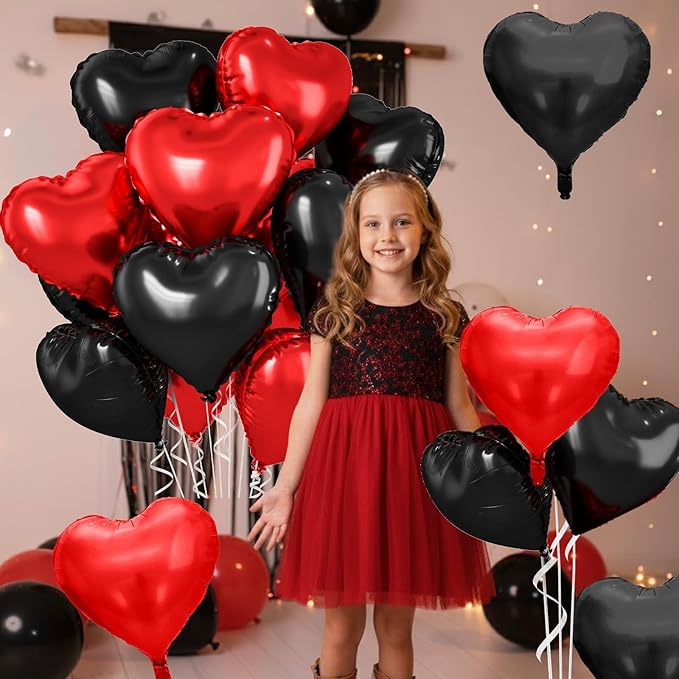 Red Black Heart Balloons, 10 Pcs Metallic Heart Shaped Balloon, 18 Inch Red and Black Foil Balloons Helium for Engagement Brithday Bridal Baby Shower Wedding Engagement Valentines Party Decorations