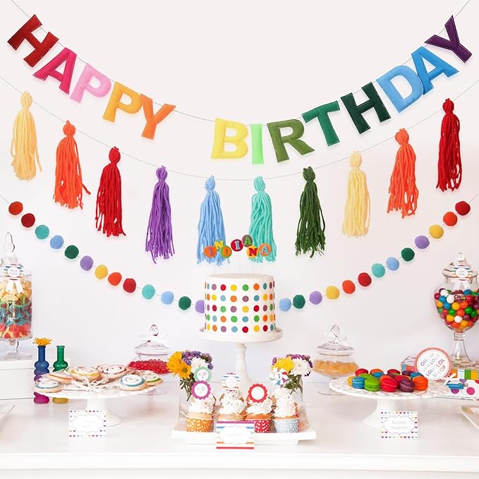 Pre-Strung Happy Birthday Banner Rainbow Decorations Felt Ball Garland Happy Birthday Sign for Party Decorations Unicorn Party Decor (Rainbow)
