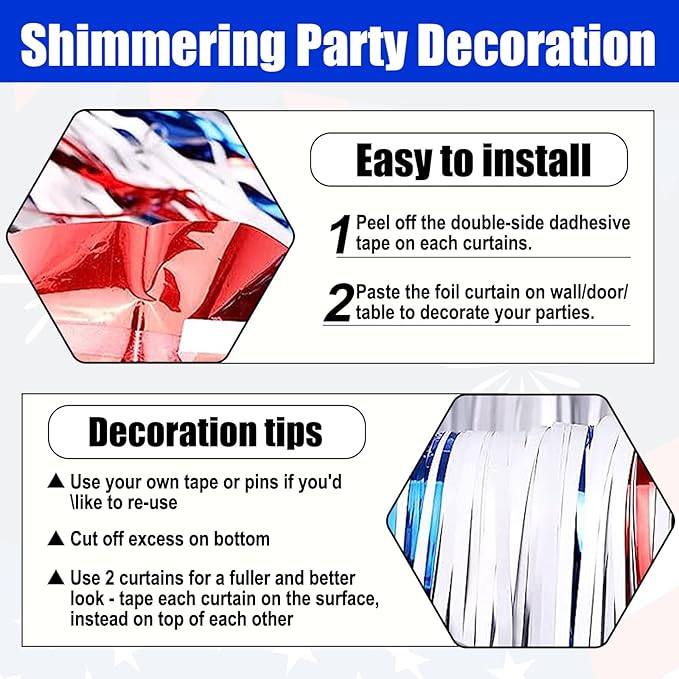 3 Pack White Blue Red Foil Fringe Curtain Backdrop, 3.28Ft x 8.2Ft Metallic Tinsel Foil Fringe Streamer Curtains for Photo Booth, Mother's Day, Easter, Birthday, Wedding Party Decorations