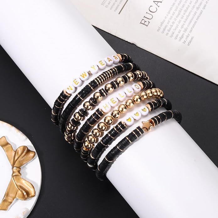Surfer Heishi Bracelets for Women Stackable Rainbow Vinyl Disc Clay Beaded Stretch Bracelets Elastic Layering Friendship Bracelets Boho Summer Beach Jewelry