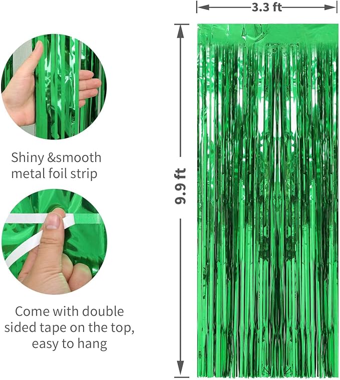 Crosize 2 Pack 3.3 x 9.9 ft Green Foil Fringe Backdrop Curtain, Streamer Backdrop Curtains, Streamers Birthday Party Decorations, Tinsel Curtain for St. Patrick's Day Parties, Galentines Decor
