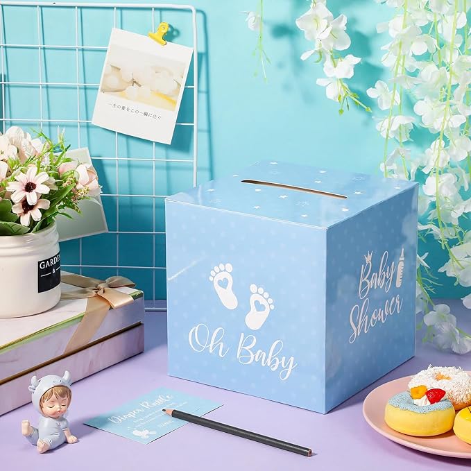 Funrous 51 Diaper Raffle Tickets with Box for Baby Shower Game Invitations Diaper Raffle Card for Gender Reveal Baby Shower Party Decoration Table Centerpiece(Lake Blue)