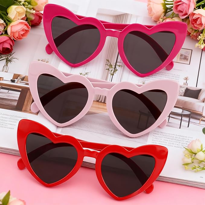 3PCS Valentine's Day Glassess for Women, Red & Pink Heart Shaped Sunglasses for Galentine's Day, Bid Day, Bachelorette Party & Daily Stylish Looks