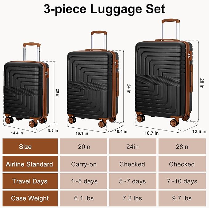 Romswi 3-Piece Expandable Luggage Set 20/24/28 Inch, Spinner Hardshell Lightweight Suitcases with TSA Lock, YKK, Checked & Carry On Luggage Set, Black