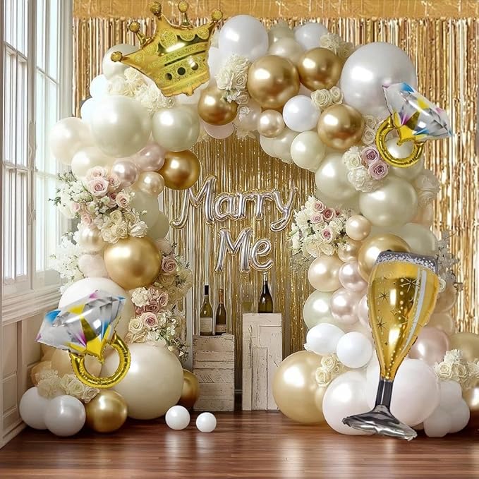Engagement Balloon Arch Kit Double Stuffed Latex White Nude Beige Gold Balloon Garland with Fringe Curtain, Foil Balloons for Boho Neutral Wedding Bridal Shower Anniversary Birthday Party Decorations