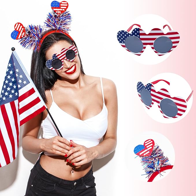 20 Pcs 4th of July Patriotic Party Accessories, 12 American Flag Party Glasses, 8 USA Independence Day Headbands, Red White and Blue Patriotic Photo Booth Props, Veterans Day, Memorial Day Supplies