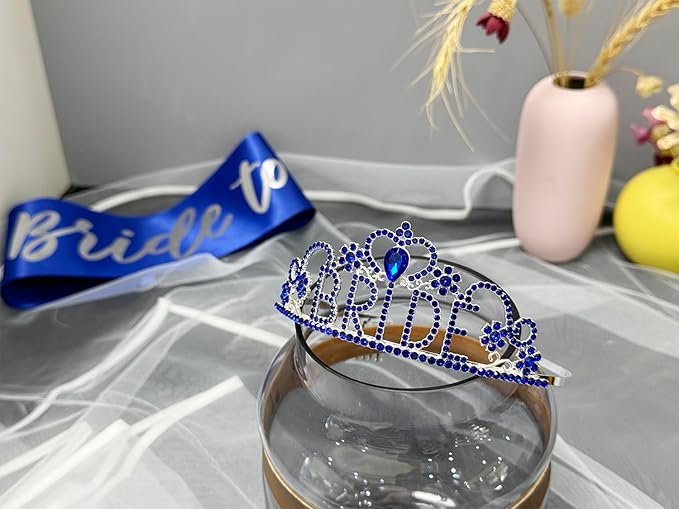 JETKONG 3 Pcs Bachelorette Party Decorations BRIDE Crown, Bride to Be Sash&Veil for Women Bachelorette Party Gifts, Bridal Shower Supplies, Gifts, Favors (Dark Blue)