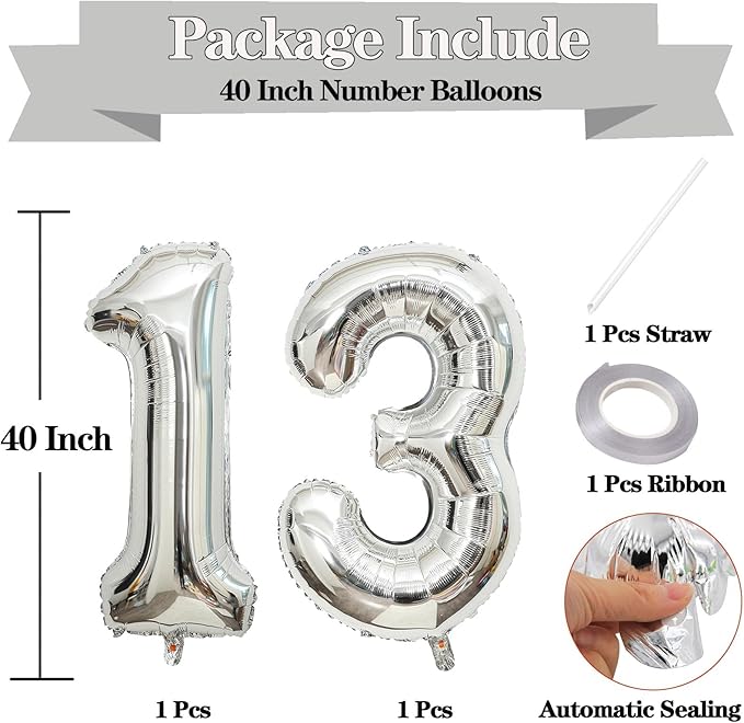 Large Silver 13 Number Balloons, 40 Inch Jumbo Number 13 Balloon, Silver Foil Mylar Balloons for Girl Sweet 13th/31th Birthday Party, Anniversary Decorations