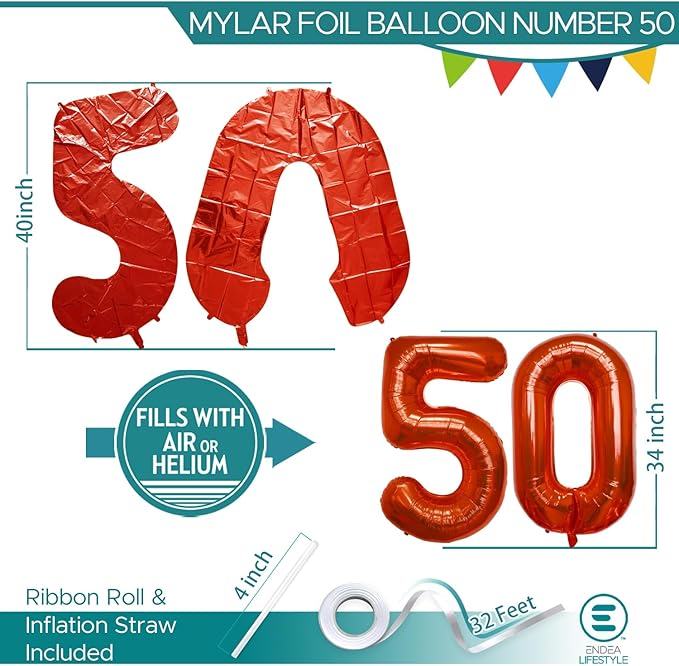 40 Inch Large Red Number Celebration and Decoration Balloon for Birthday Parties, Graduations, Anniversaries, Weddings, Photo Shoots, Special Events - Helium Foil Mylar (Red Number 50)