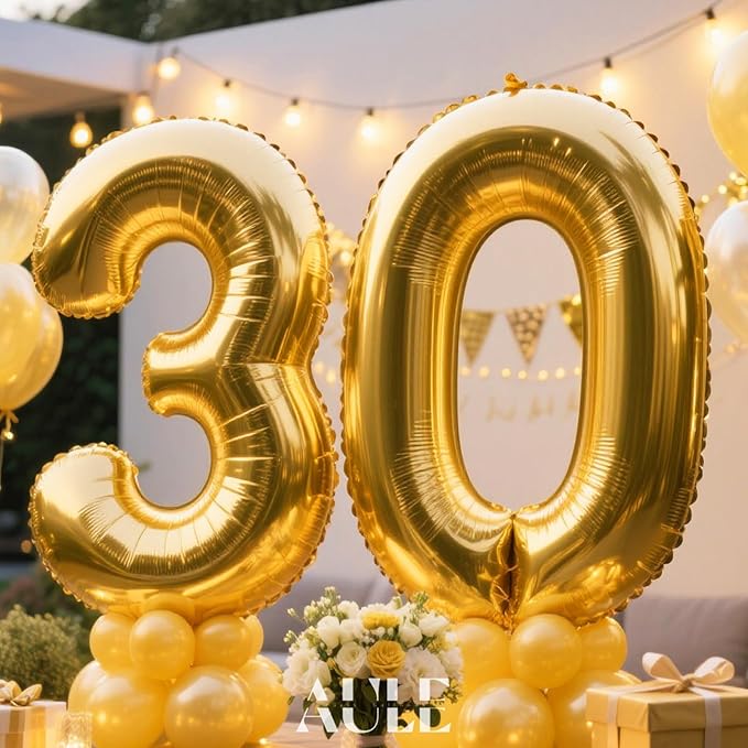 AULE 40 Inch Jumbo Gold Foil Mylar Number Balloons for Men Women 30th Birthday Party Decorations 30 Years Old Anniversary Party Supplies