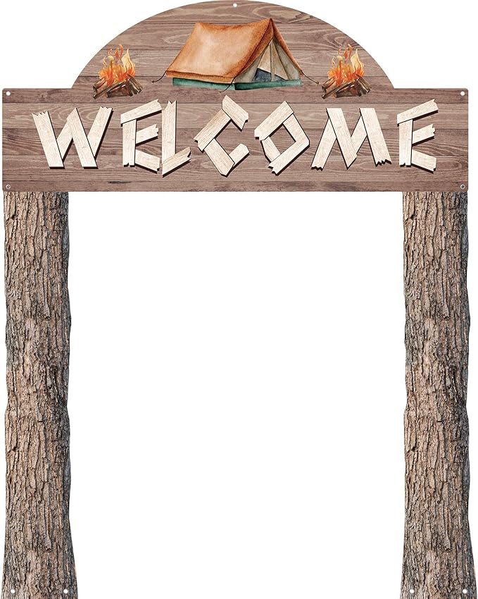 Peryiter 3 Pcs Camping Themed Party Decorations Banner Welcome Porch Sign with 1 Double Sided Tape for Summer Camp Birthday Hawaii Baby Shower Themed Party Activity Decor Door(Natural Style)