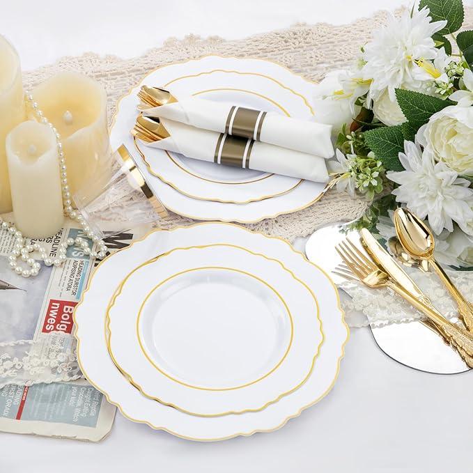 Liacere 350PCS Gold Plastic Plates-Disposable White and Gold Plates 50guest Baroque Plastic Dinnerware include 100Plates, 50Pack Pre Rolled Napkins with Silverware 50Cups for Wedding & Easter Day